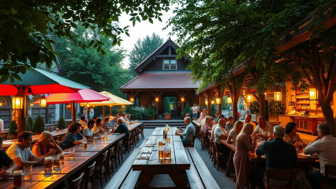Traditioneller Biergarten mit bayerischer Gemütlichkeit